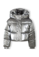 Cropped metallic padded jacket for girls, grey, front view with stand collar and hood.