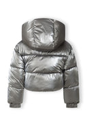 Back view of a girls cropped metallic padded jacket in grey with an attached hood.