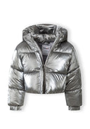 Cropped metallic padded jacket in grey with a stand collar and attached hood.