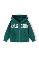 Girls zip-through hoodie in green with front print, featuring ribbed cuffs and waistband.