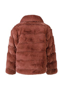 Girls brown faux fur jacket, back view with structured collar and no visible pockets.