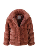 Girls brown faux fur jacket with collar, front view, featuring pockets and satin lining.