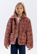 Girls faux fur jacket in pink, front view with structured collar and front pockets.