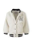 Girls borg baseball jacket in cream with embroidered 'M', front view.