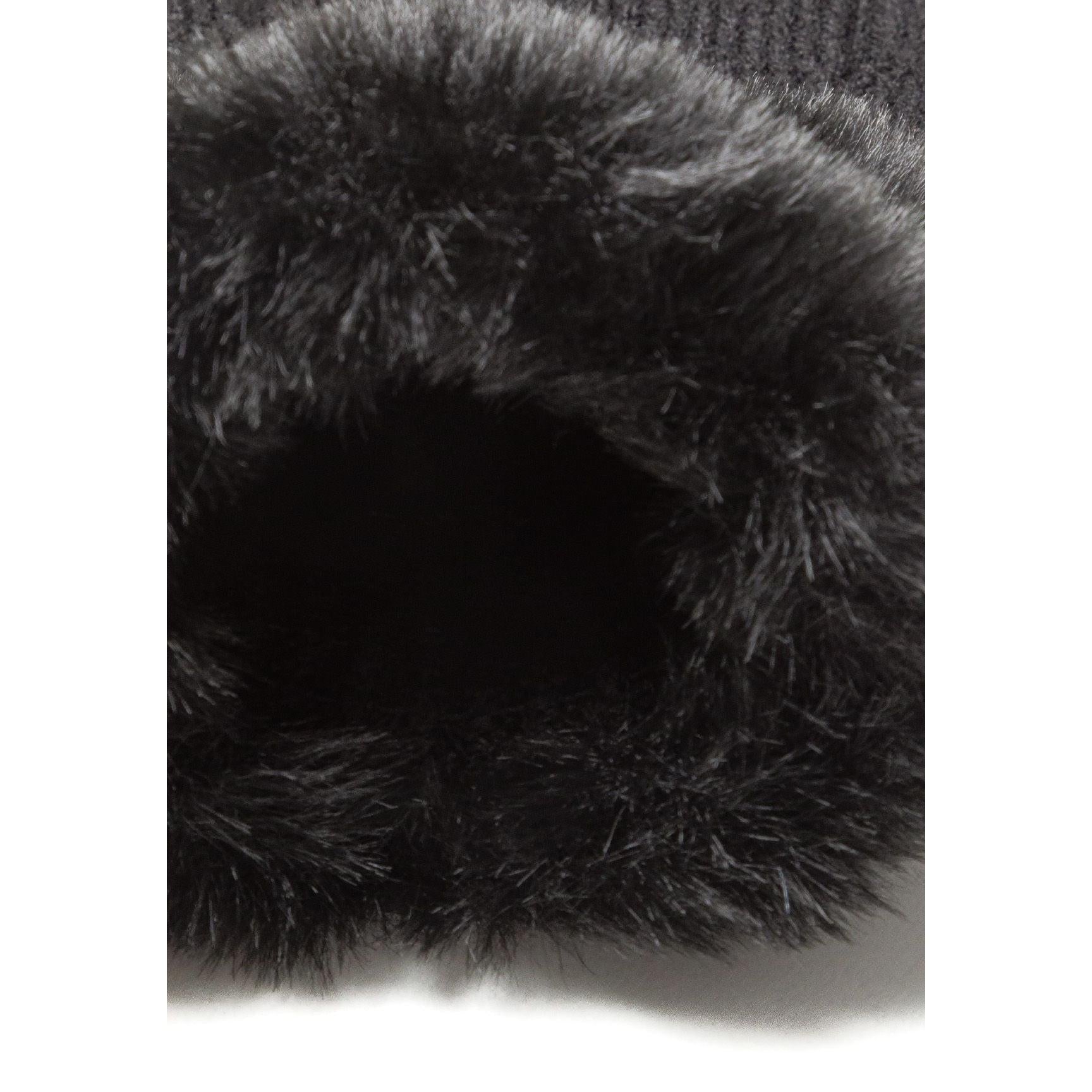 Close-up detail of black faux fur cuff showing soft fluffy texture and quality of materials