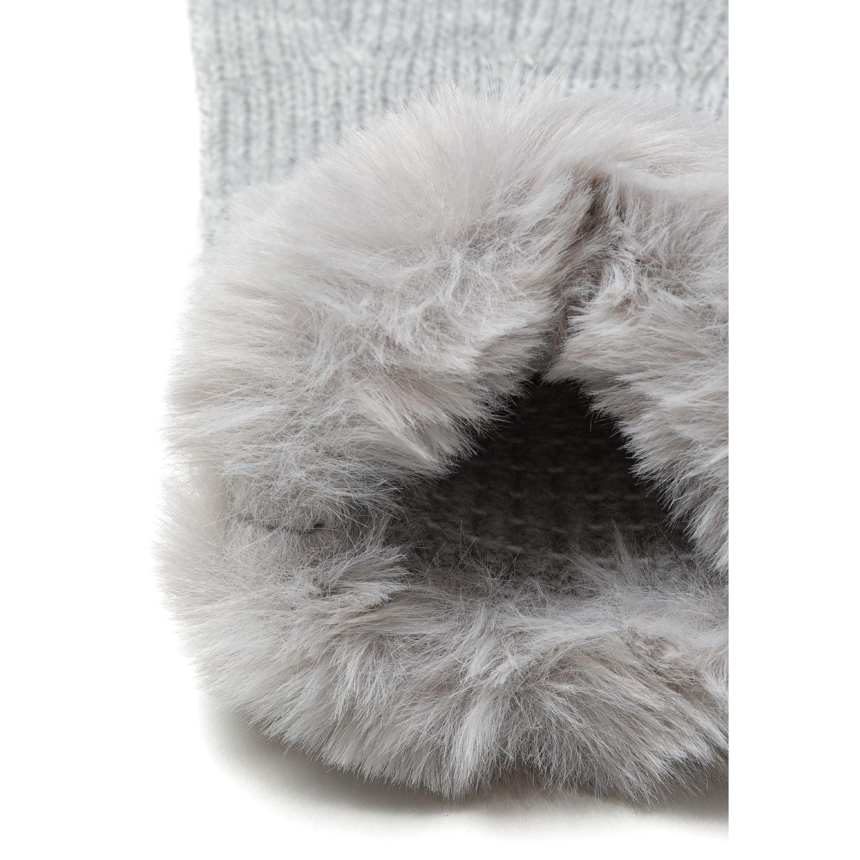 Detail view of grey knitted glove fabric texture with grey faux fur cuff showing construction quality