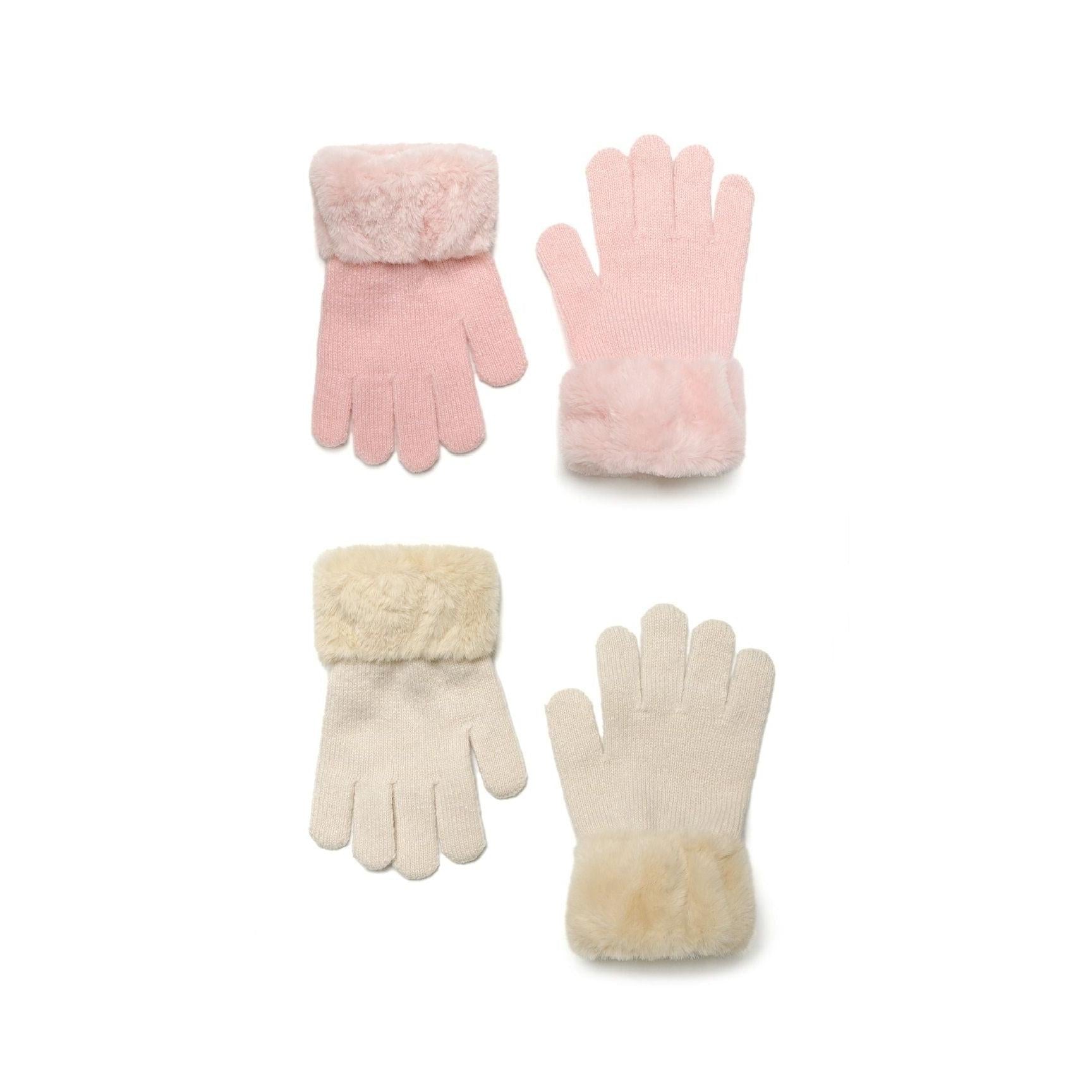 Two pairs of knitted gloves with faux fur cuffs displayed on white background - one pair in soft pink and one pair in creamy beige