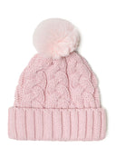 Close-up of a girls' knitted cable pom pom hat in light pink with a ribbed edge.