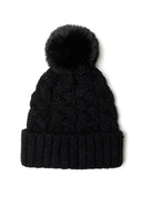 Black knitted cable pom pom hat for girls, front view, featuring a textured pattern and playful pom pom.