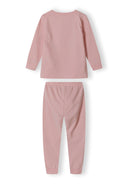 Girls long sleeve pyjamas set in pink with polka dots, back view, includes top and leggings.