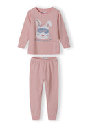 Girls long sleeve pyjamas set in pink with polka dots, featuring a bunny graphic and ribbed cuffs.