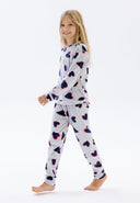 Girls grey velour pyjama set with heart print, front view, featuring ribbed cuffs.