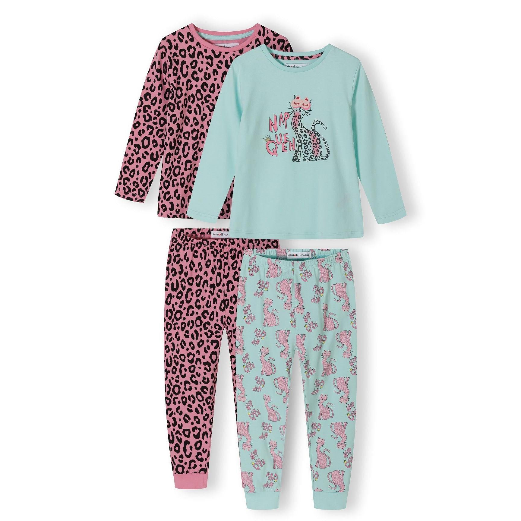 Two girls' pyjama sets laid flat showing turquoise top with Nap Queen cat graphic, pink leopard print set, and matching patterned bottoms on white background