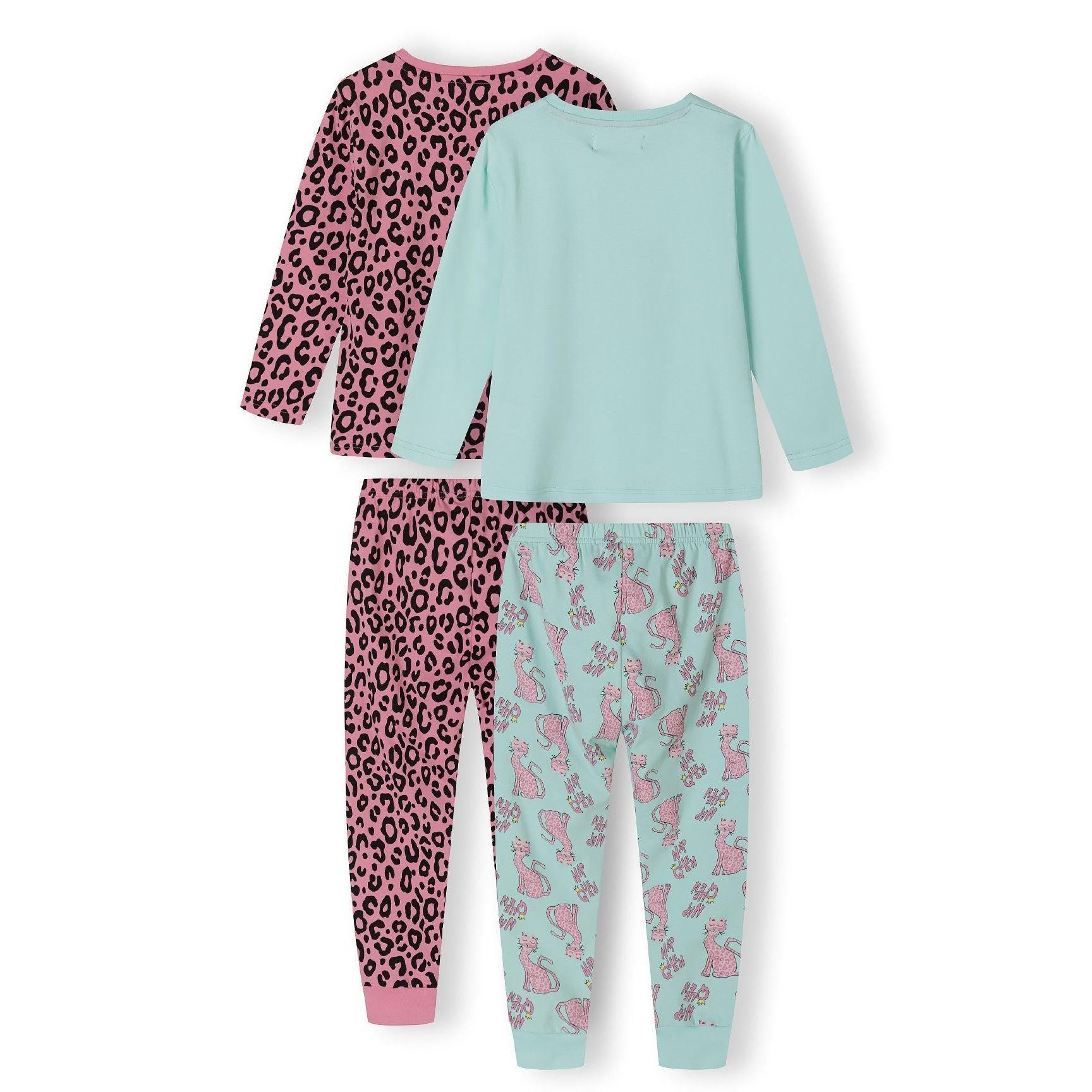 Close-up view of turquoise long sleeve pyjama top with Nap Queen text and sitting cat graphic with leopard print pattern on white background