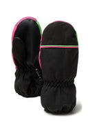 Girls ski mitts in black with pink and green accents, back view, featuring a zip closure and elastic cuff.