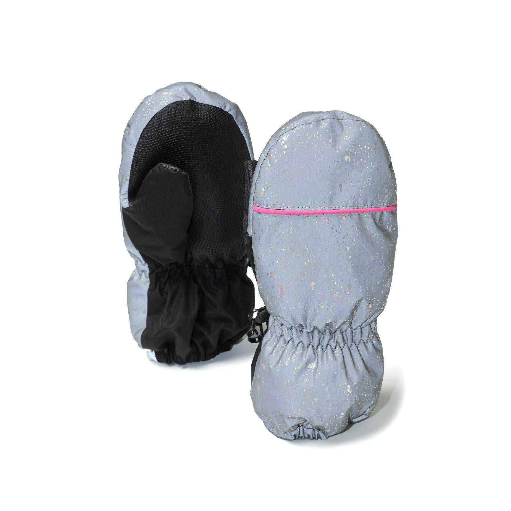 Silver waterproof ski mittens with pink piping detail, showing exterior and black textured palm interior against white background