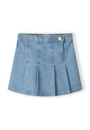 Girls denim skirt in light blue with box pleats, front view.