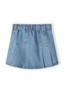 Girls denim skirt in light blue, front view with box pleats and elasticated waistband.