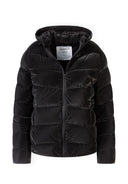 Front view of a black padded women's jacket with a hood and front zip.