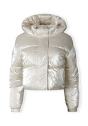 Cropped metallic padded jacket in cream with a stand collar and hood, front zip closure.