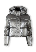 Cropped metallic padded jacket in shiny grey with hood and zip closure.