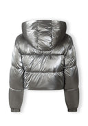 Back view of a cropped metallic padded jacket in grey with a hood.