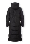 Back view of a long black padded winter coat with a hood and ribbed cuffs.