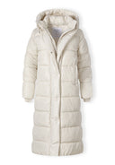 Maxi length padded jacket in cream, front view, features a stand collar and attached hood.