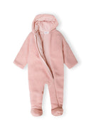 Light pink baby snowsuit, front view, with hood and full-length zip.