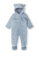 Light blue baby unisex snowsuit with 3D ears, front view, full-length zip and ribbed cuffs.