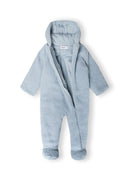 Light blue baby unisex snowsuit, front view, features 3D ears and full-length zip.