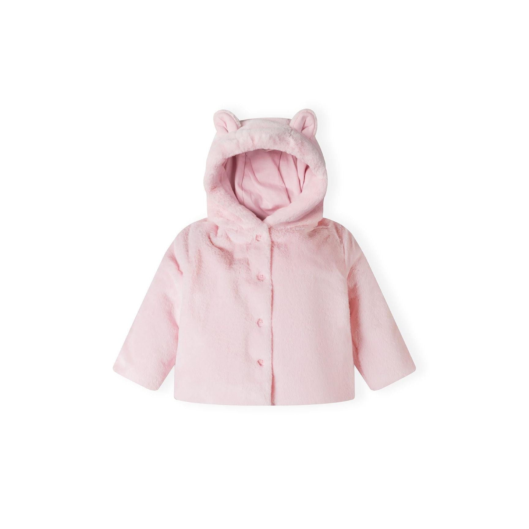 Light pink plush faux fur baby jacket with hood and 3D ears, front button closure, displayed on white background
