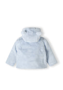 Back view of a light blue baby unisex faux fur jacket with 3D ears.