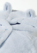 Detail of light blue baby unisex faux fur jacket with 3D ears and hood.