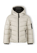 Boys jacket with hood, grey, front view, features central zip and side zip pockets.