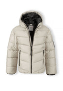 Boys grey jacket with hood, central zip, and side zip pockets.