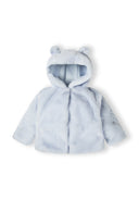 Light blue baby jacket with 3D bear ears, front view, features a fixed hood and press studs.