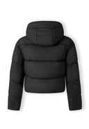 Back view of a black short quilted women's jacket with a hood.