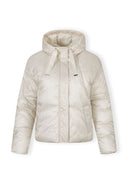 Women short padded jacket with hood, curved stitching detail, grey finish.