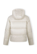 Back view of a women's short padded jacket with a fixed hood and curved stitching.