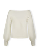 Women’s cream jumper with boat neckline, long sleeves, and ribbed cuffs.
