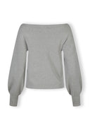 Women's relaxed fit jumper with boat neckline in grey, back view, featuring ribbed cuffs.