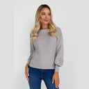 Women relaxed fit grey jumper with boat neckline and ribbed cuffs, front view.
