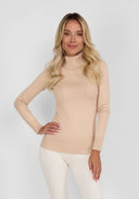 Beige soft turtleneck jumper, front view with ribbed trims.