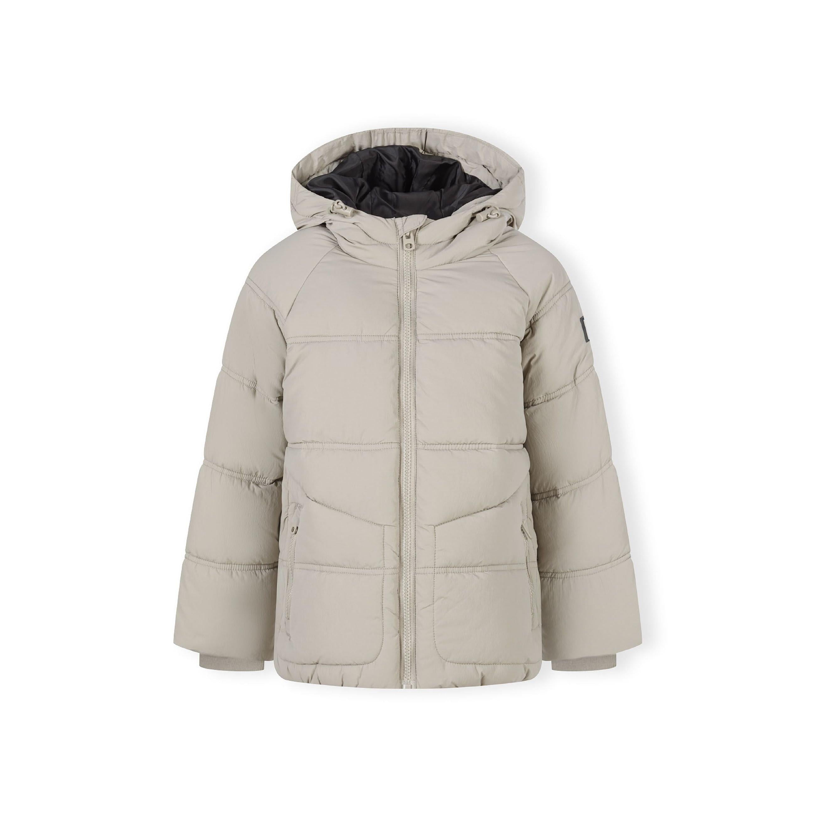 Grey quilted jacket with black hood lining and Minoti label, displayed flat against white background