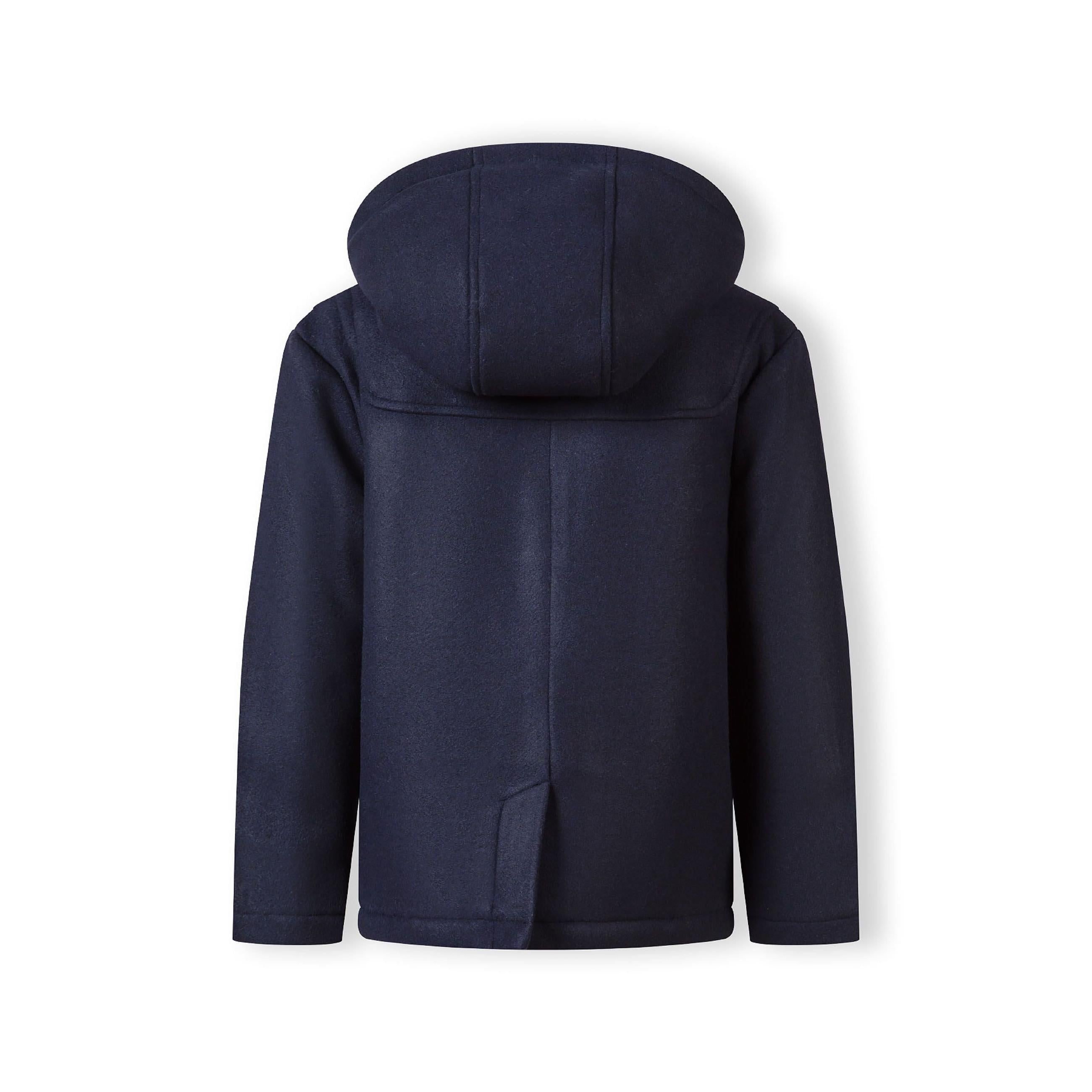 Back view of navy duffle coat showing hood construction and rear silhouette on white background