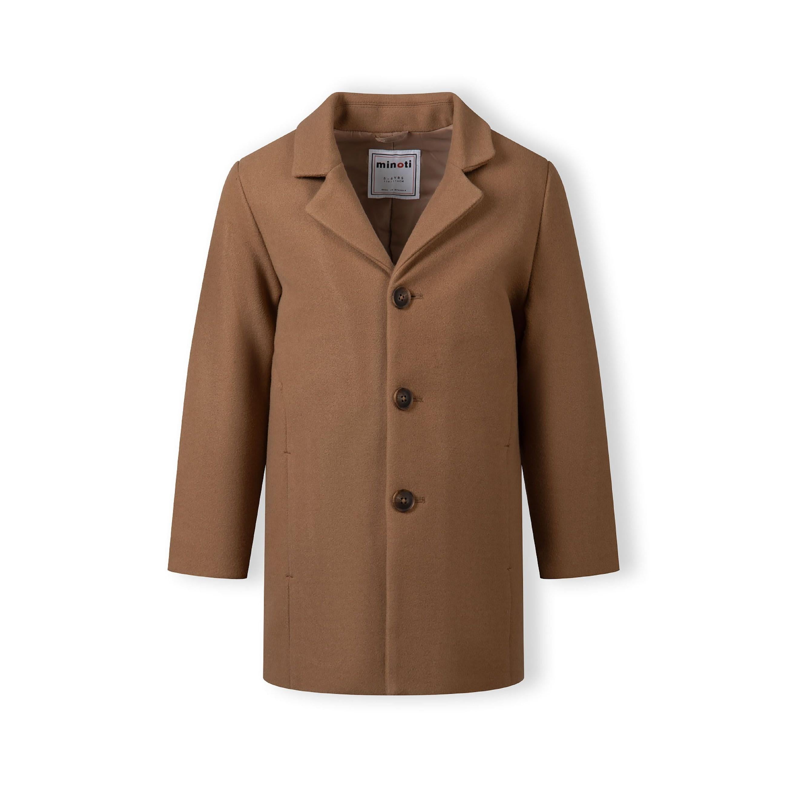 Back view of beige smart coat showing structured collar, clean lines and centre back seam detail on white background