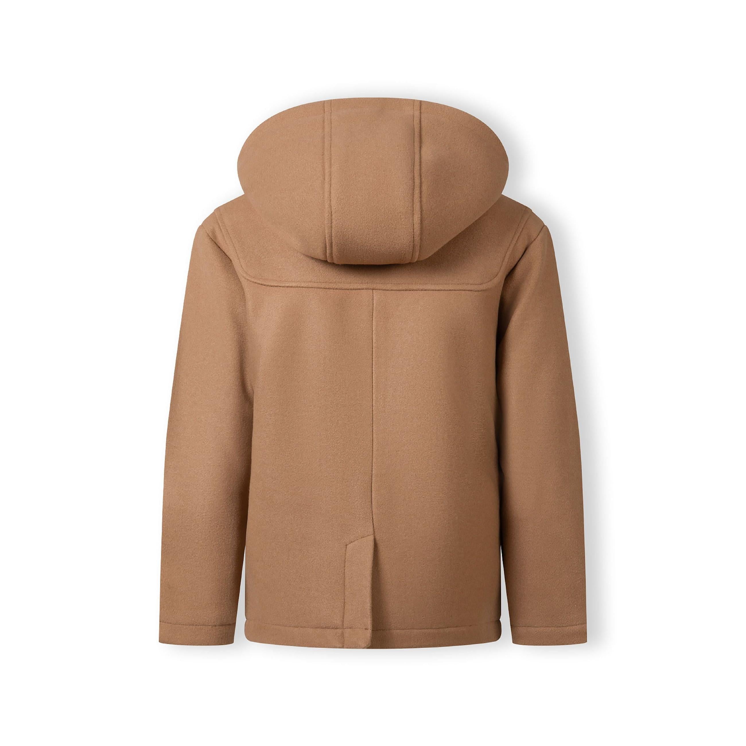 Back view of beige duffle coat showing teddy-lined hood and clean tailored silhouette against white background