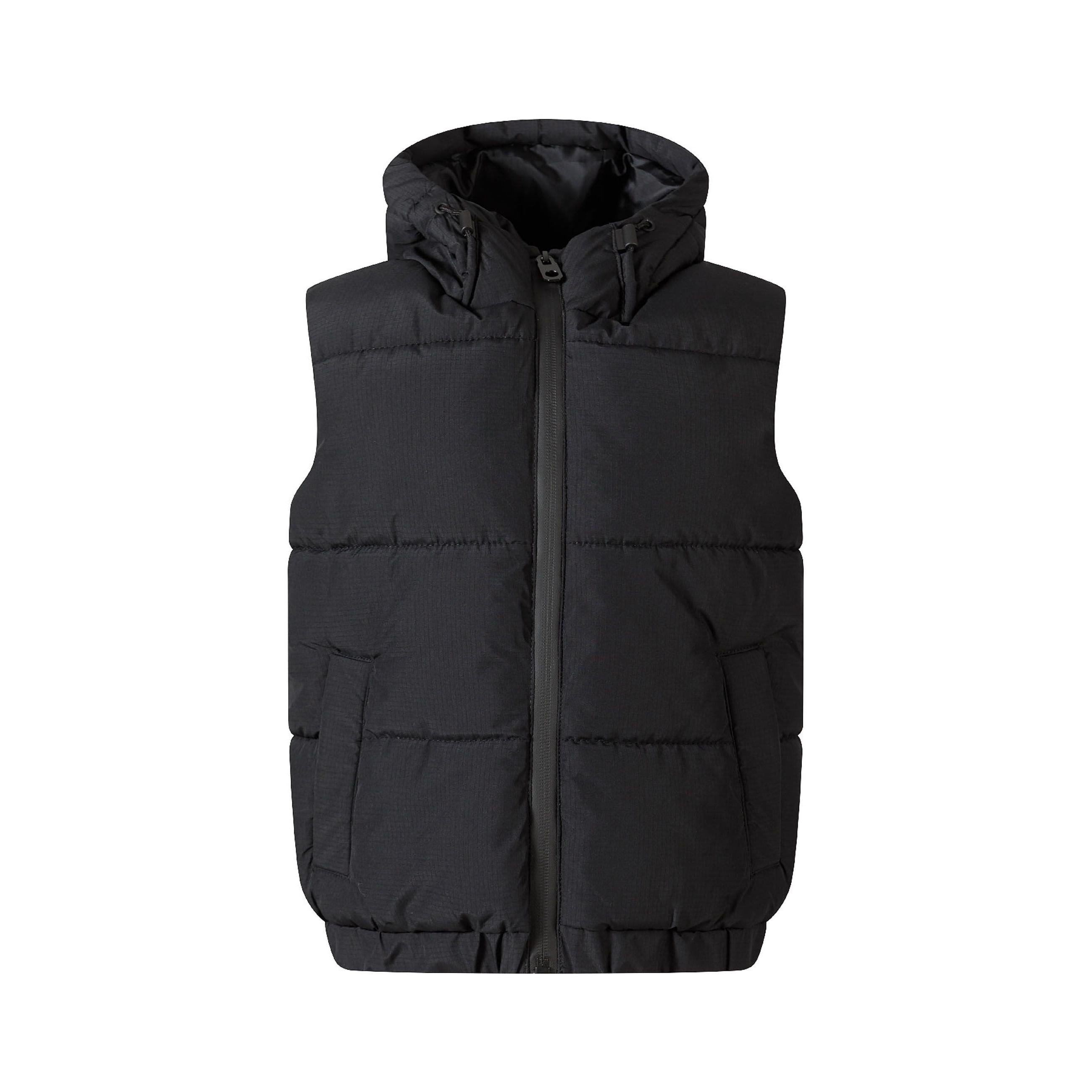 Black padded gilet laid flat showing back view with hood and quilted construction on white background