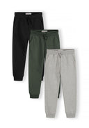 Set of three boys joggers in black, green, and grey with ribbed cuffs and drawcord.